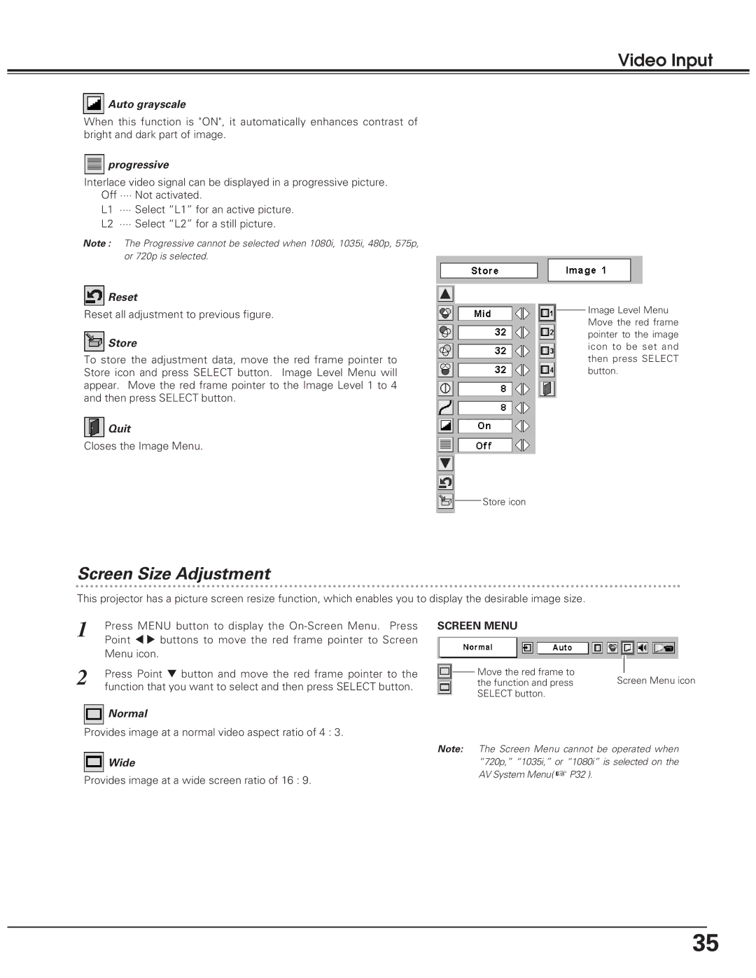 Eiki LC-SD10 owner manual Progressive, Closes the Image Menu, Provides image at a normal video aspect ratio of 4 