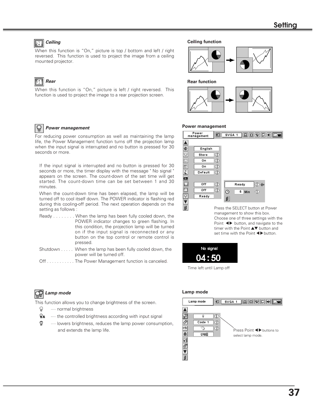 Eiki LC-SD10 owner manual Ceiling function Rear function Power management, Lamp mode 