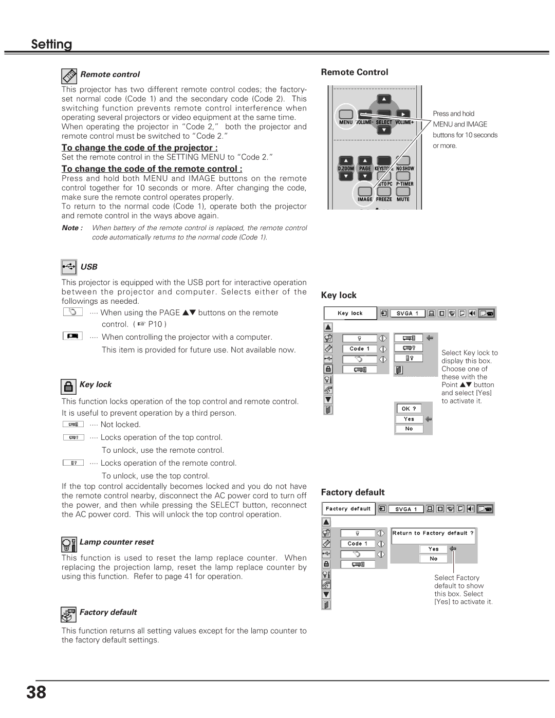 Eiki LC-SD10 To change the code of the projector, To change the code of the remote control, Remote Control, Key lock 