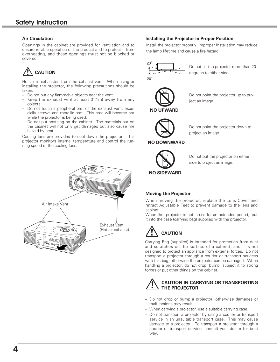 Eiki LC-SD10 owner manual Air Circulation, Installing the Projector in Proper Position, Moving the Projector 