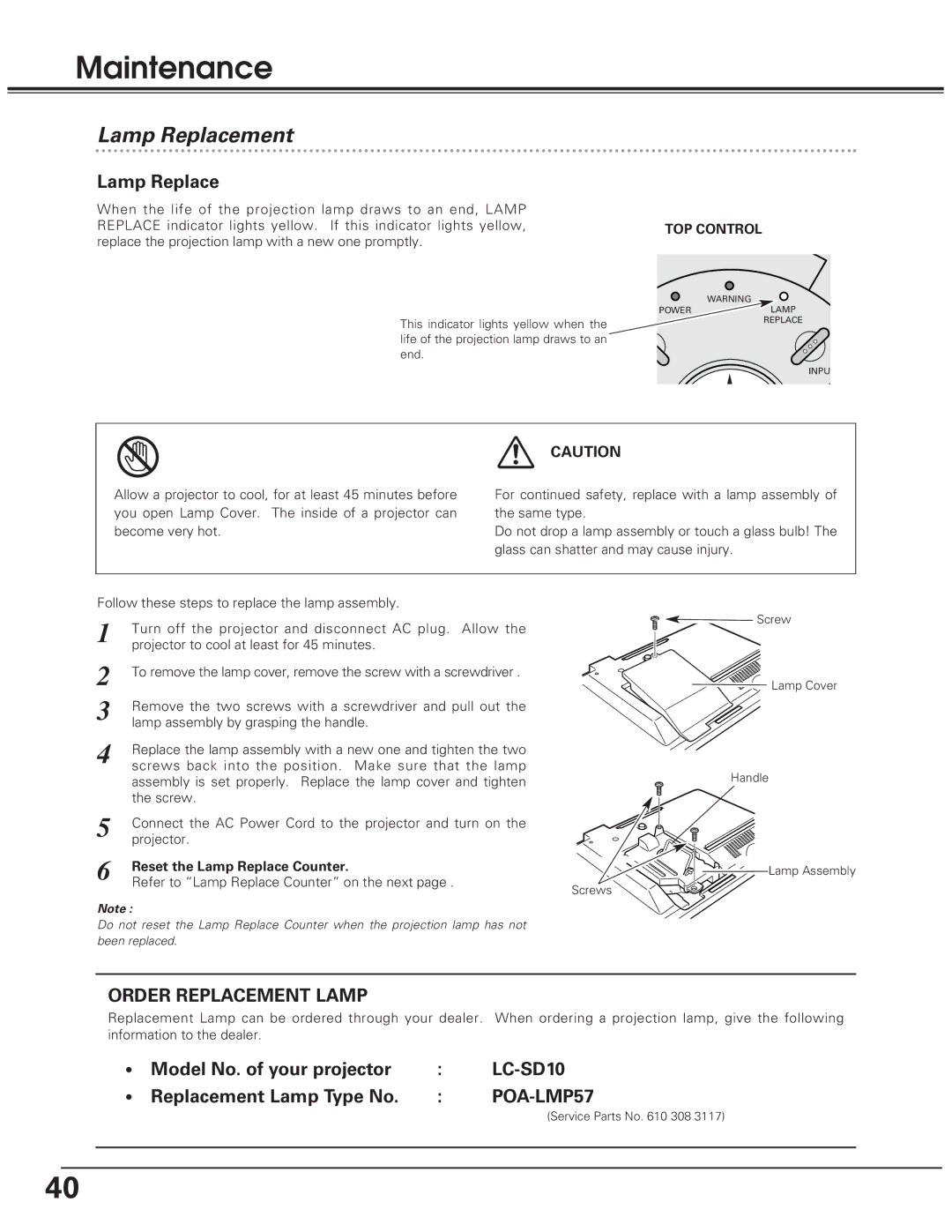 Eiki LC-SD10 owner manual Maintenance, Lamp Replacement, Model No. of your projector, Replacement Lamp Type No 