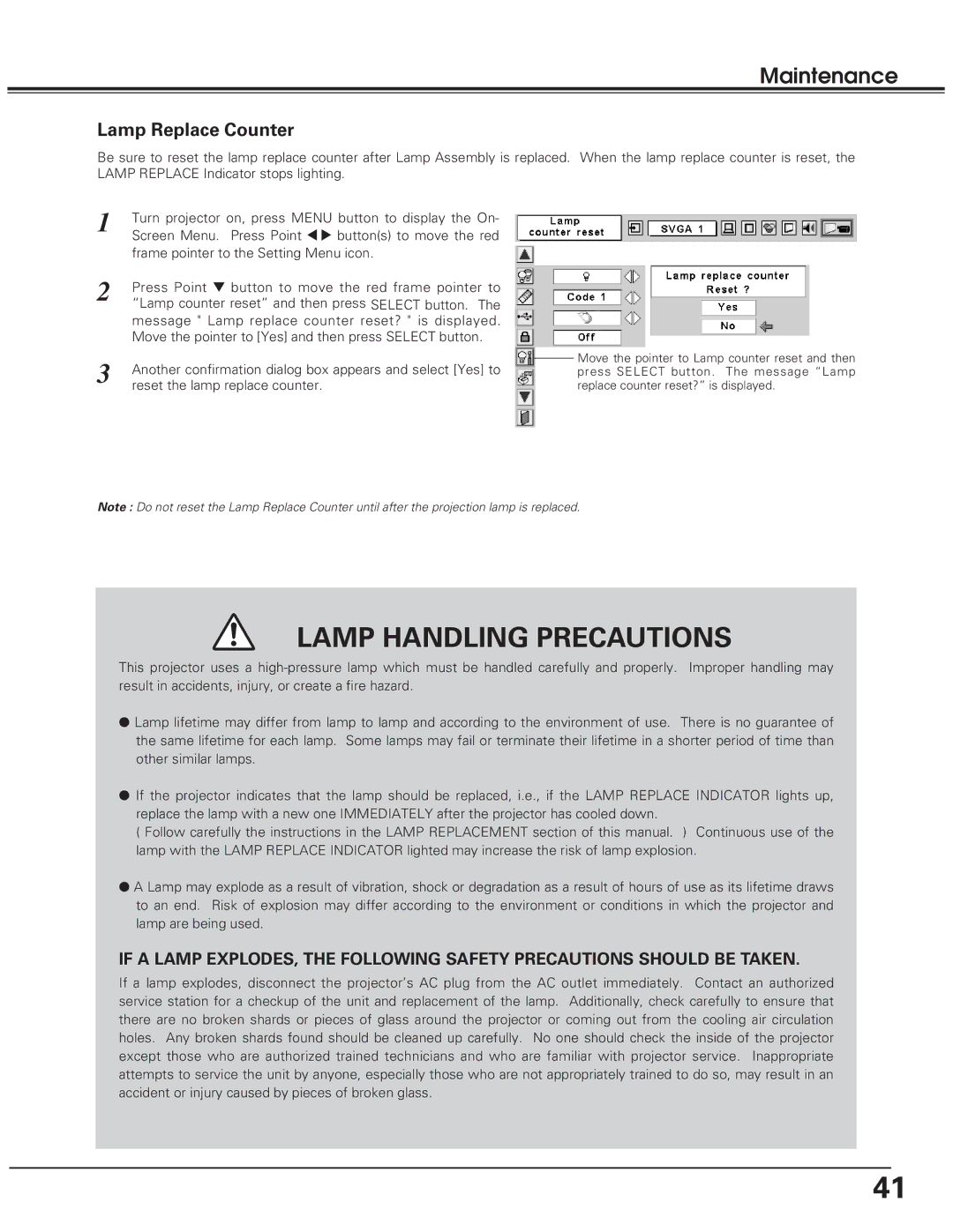 Eiki LC-SD10 owner manual Lamp Replace Counter, Reset the lamp replace counter 