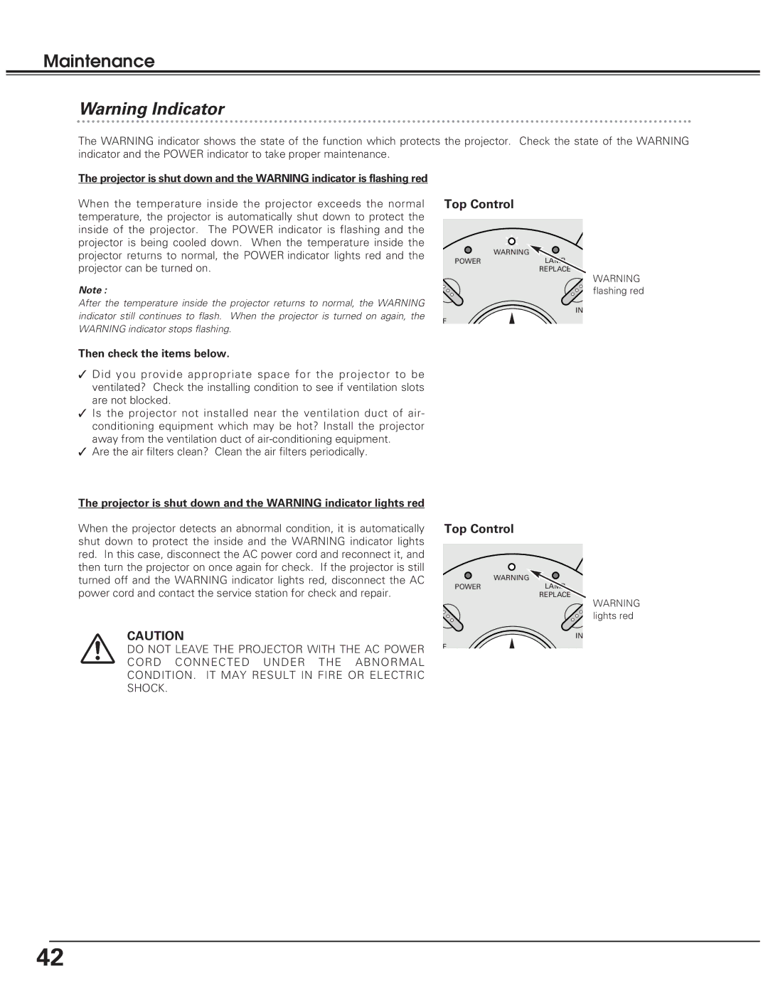 Eiki LC-SD10 Top Control, Then check the items below, Projector is shut down and the Warning indicator lights red 