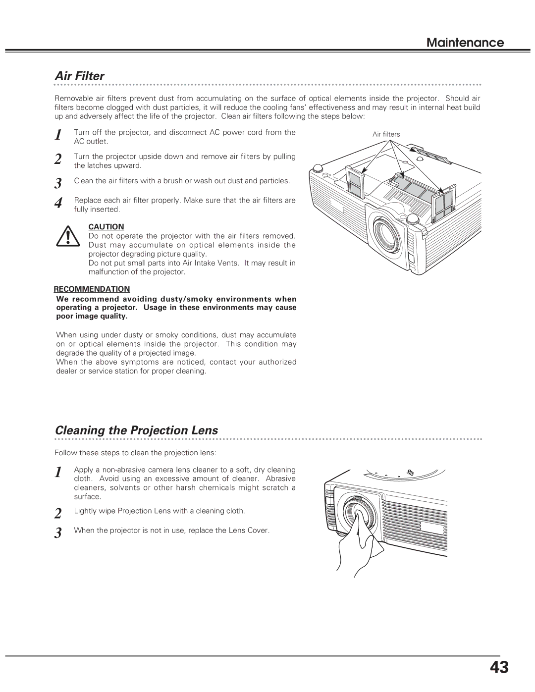 Eiki LC-SD10 Air Filter, Cleaning the Projection Lens, Recommendation, Follow these steps to clean the projection lens 