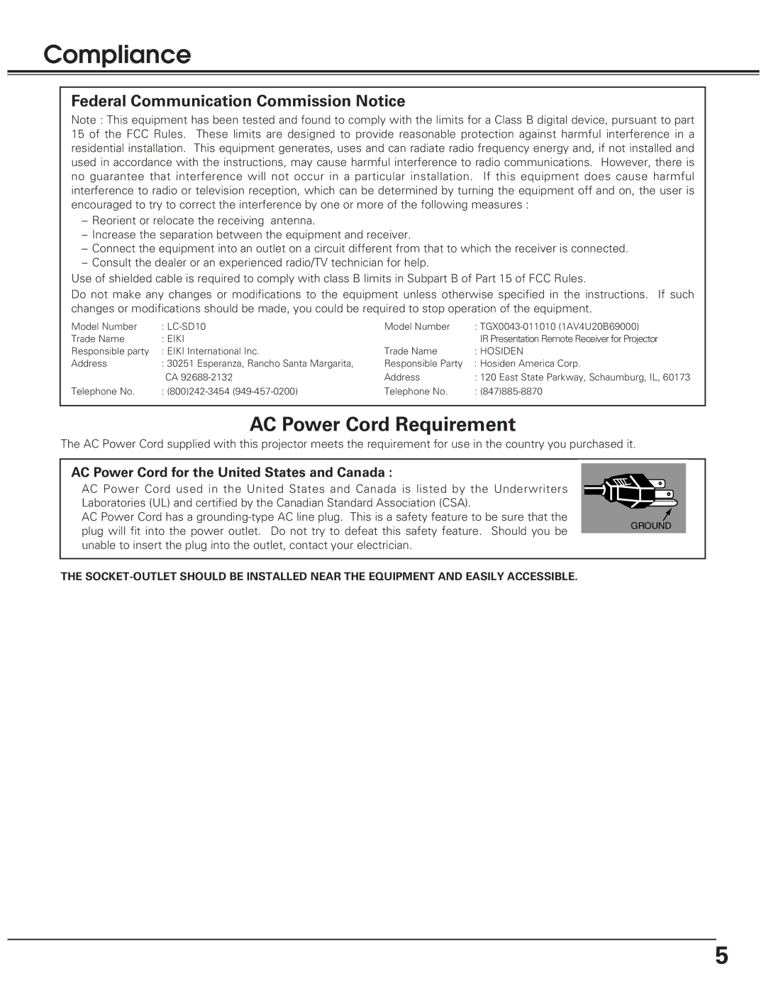 Eiki LC-SD10 owner manual Compliance, Federal Communication Commission Notice 