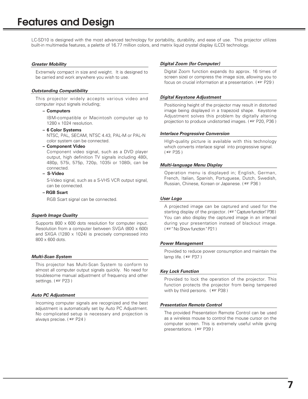 Eiki LC-SD10 owner manual Features and Design 