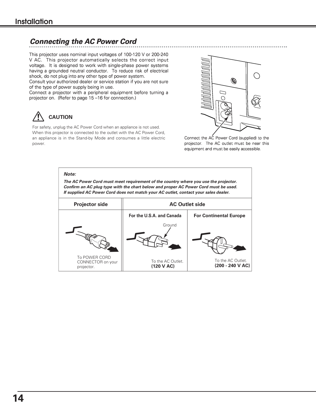 Eiki LC-SD12 owner manual Installation, Connecting the AC Power Cord 