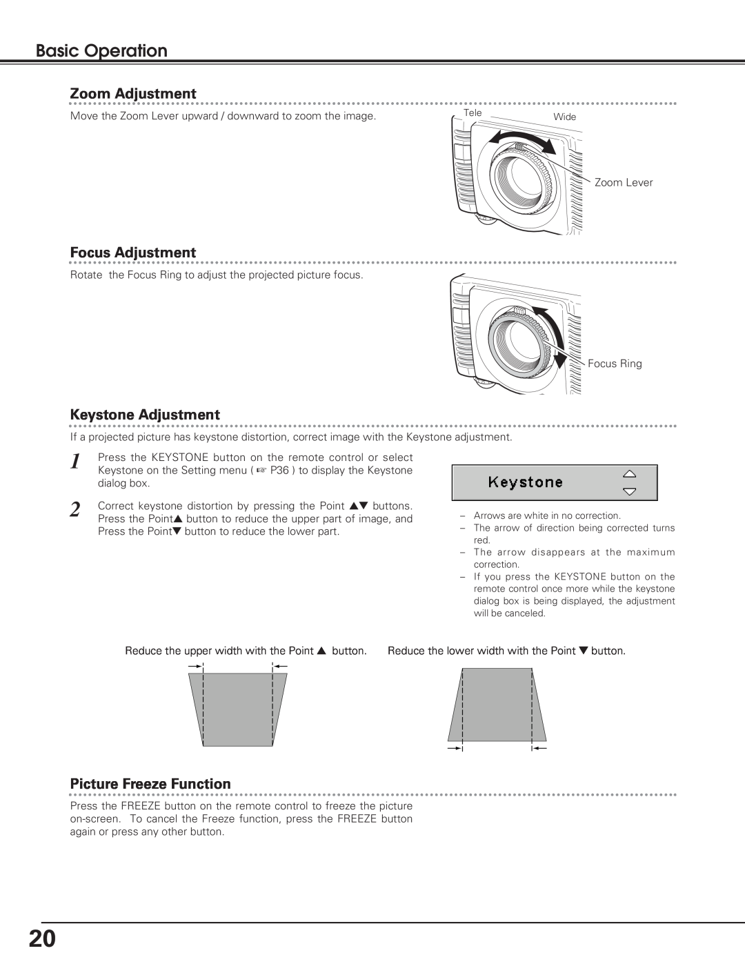 Eiki LC-SD12 owner manual Zoom Adjustment, Focus Adjustment, Keystone Adjustment, Picture Freeze Function, Basic Operation 