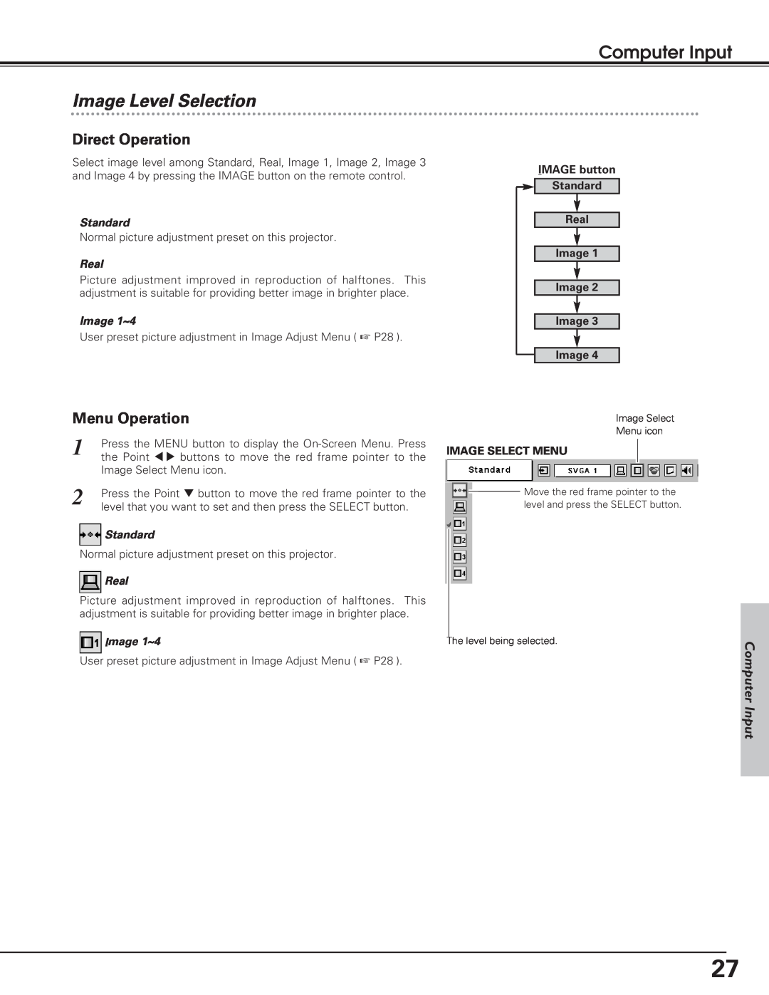 Eiki LC-SD12 owner manual Image Level Selection, Direct Operation, Menu Operation, Computer Input 