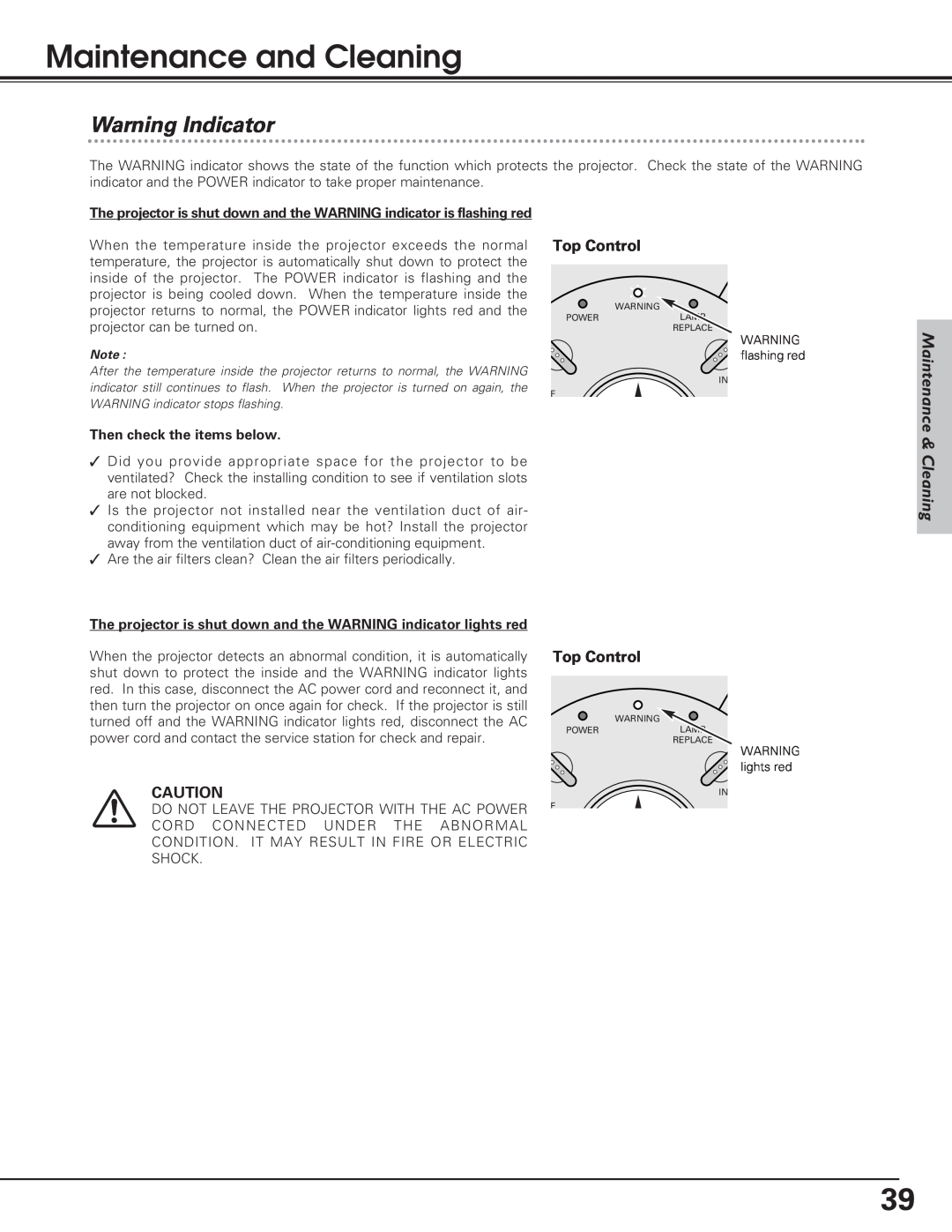 Eiki LC-SD12 owner manual Maintenance and Cleaning, Warning Indicator 