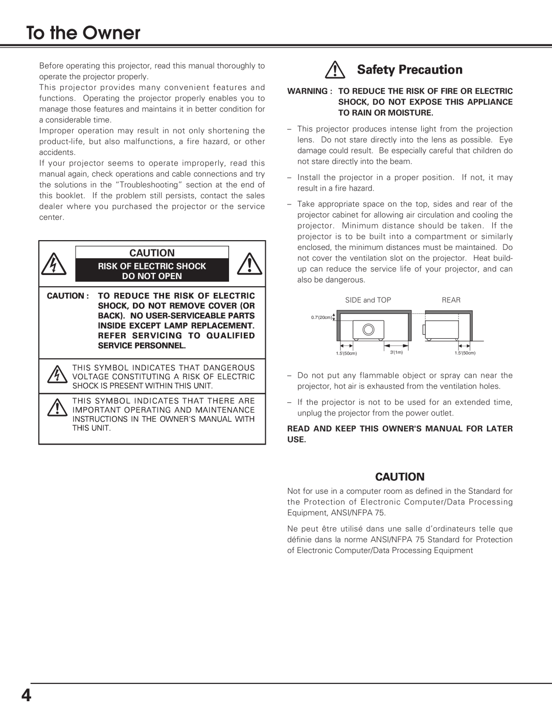 Eiki LC-SD12 owner manual To the Owner, Safety Precaution, Risk Of Electric Shock Do Not Open 