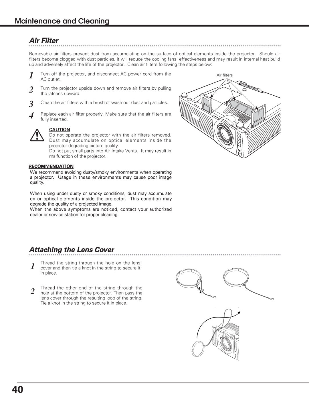 Eiki LC-SD12 owner manual Maintenance and Cleaning, Air Filter, Attaching the Lens Cover 