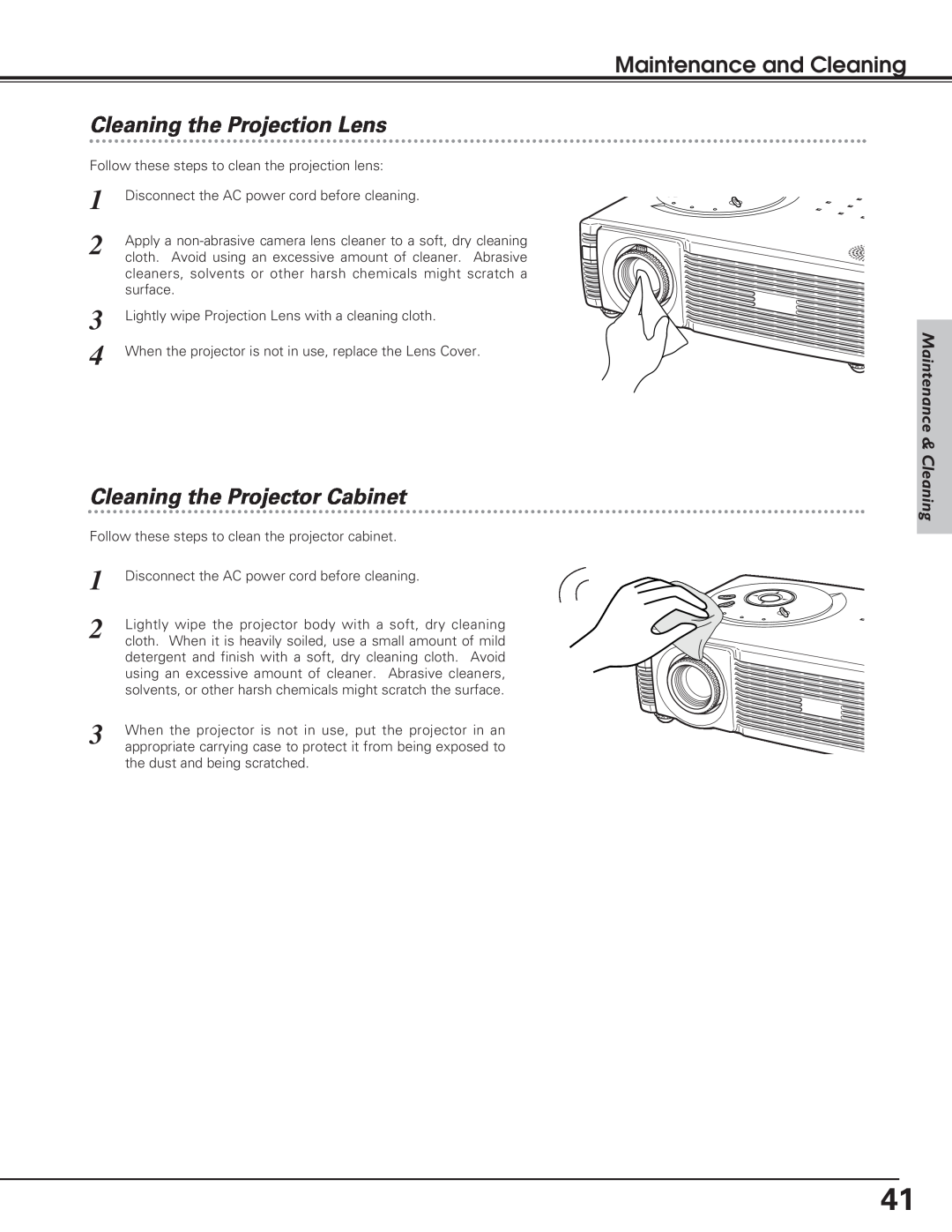 Eiki LC-SD12 owner manual Cleaning the Projection Lens, Cleaning the Projector Cabinet, Maintenance & Cleaning 