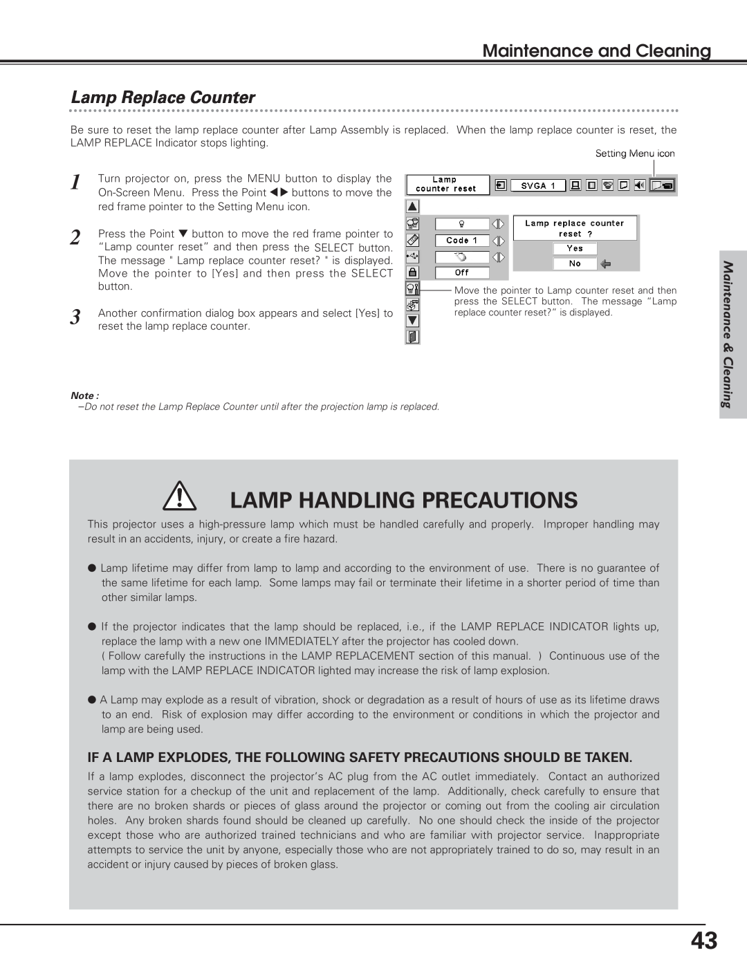 Eiki LC-SD12 owner manual Lamp Replace Counter, If A Lamp Explodes, The Following Safety Precautions Should Be Taken 