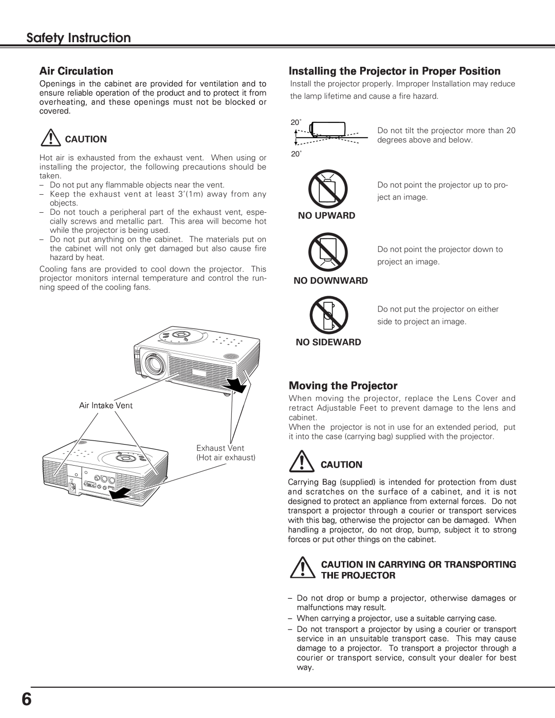 Eiki LC-SD12 Safety Instruction, Air Circulation, Installing the Projector in Proper Position, Moving the Projector 