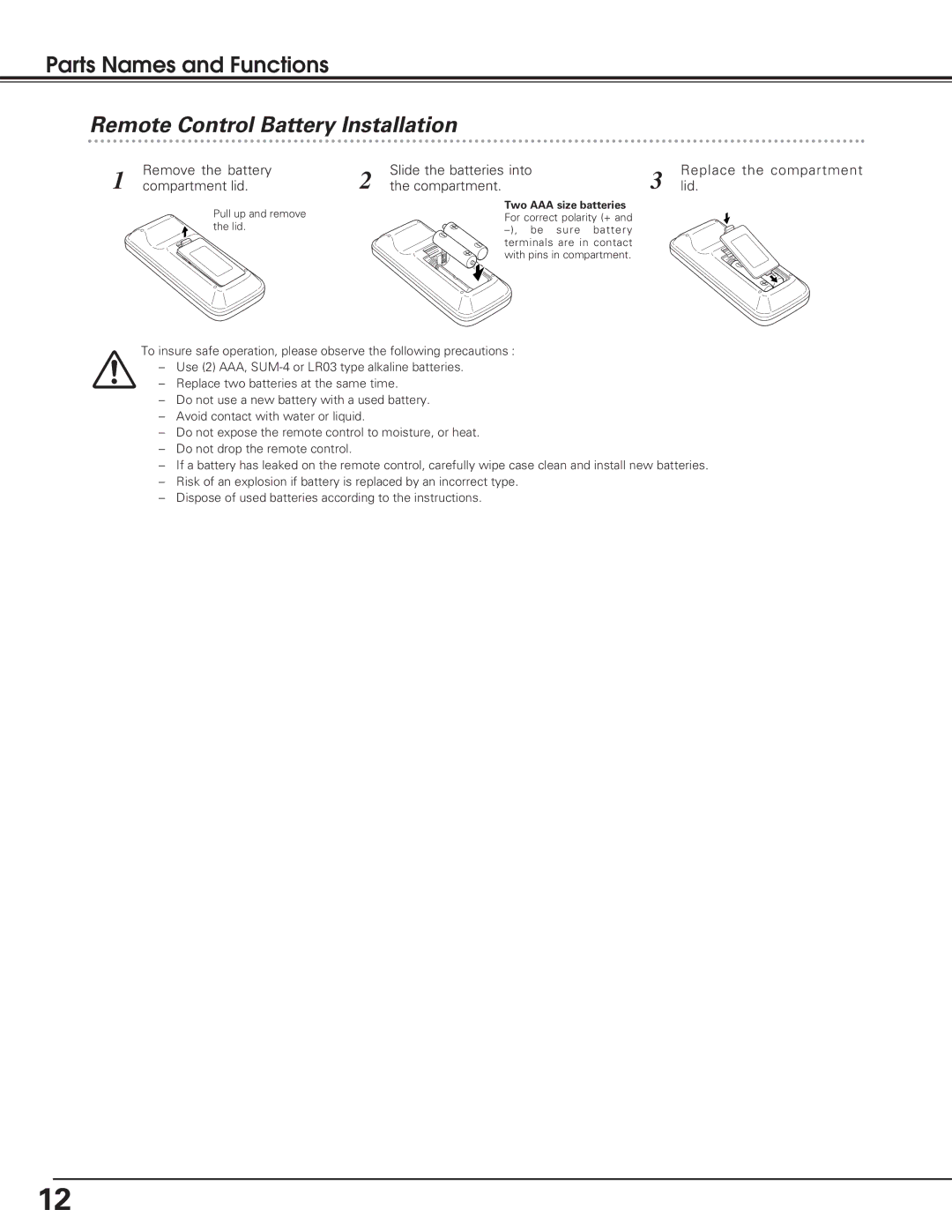 Eiki LC-SD12 owner manual Remote Control Battery Installation, Remove the battery, Compartment lid 