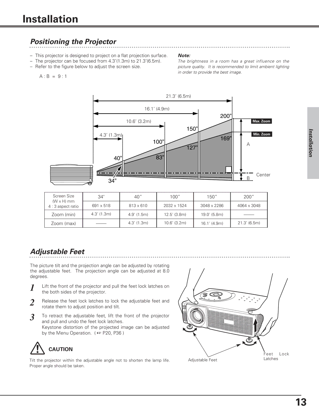 Eiki LC-SD12 owner manual Positioning the Projector, Adjustable Feet, 21.3’ 6.5m 16.1’ 4.9m 10.6’ 3.2m, Center, 100 150 200 