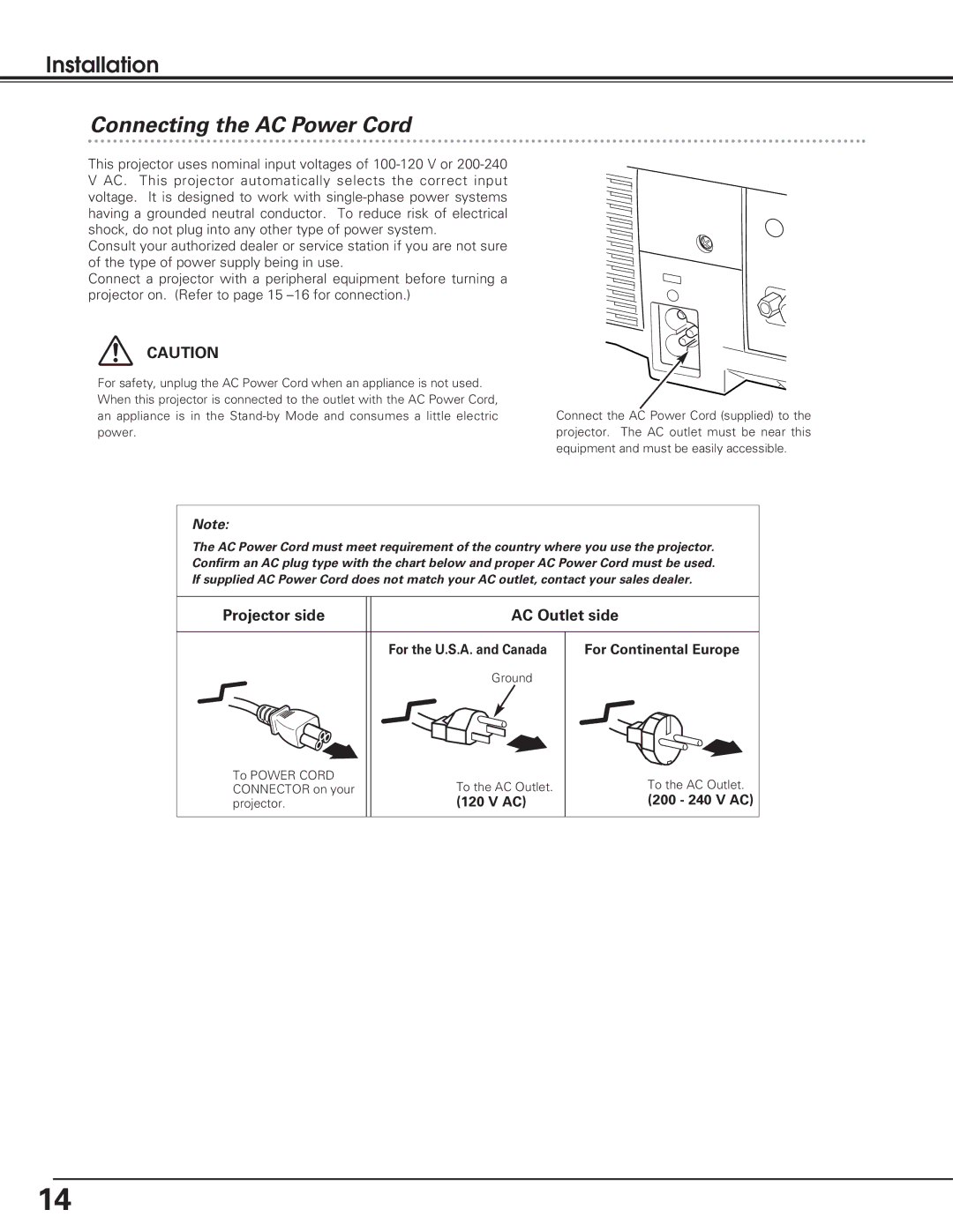 Eiki LC-SD12 Connecting the AC Power Cord, Projector side AC Outlet side, For the U.S.A. and Canada For Continental Europe 