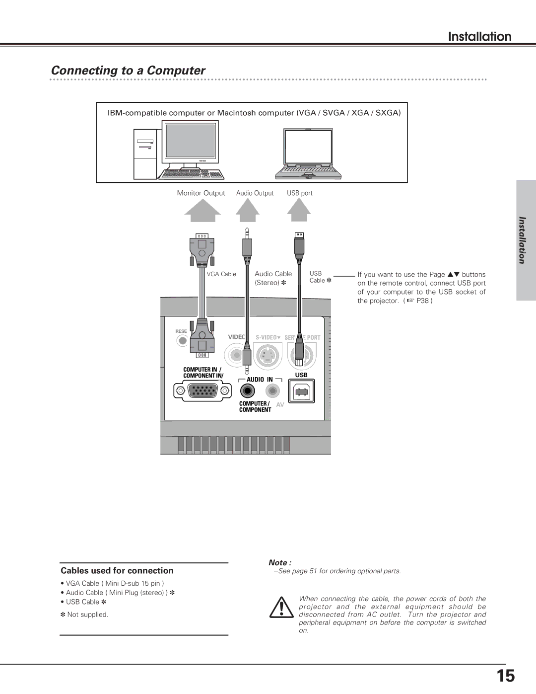 Eiki LC-SD12 owner manual Connecting to a Computer, Cables used for connection 