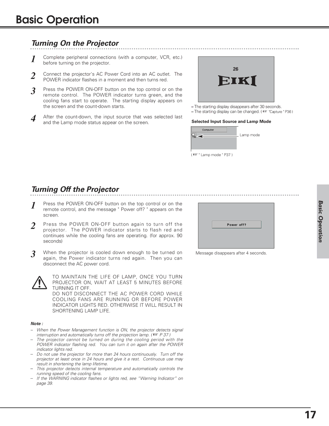 Eiki LC-SD12 owner manual Basic Operation, Turning On the Projector, Turning Off the Projector 