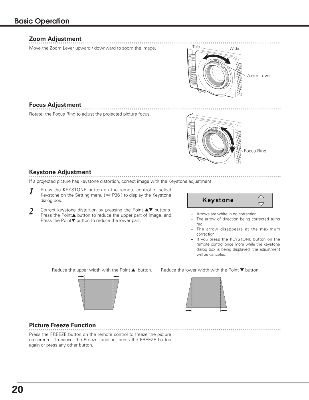 Eiki LC-SD12 owner manual Zoom Adjustment, Focus Adjustment, Keystone Adjustment, Picture Freeze Function 