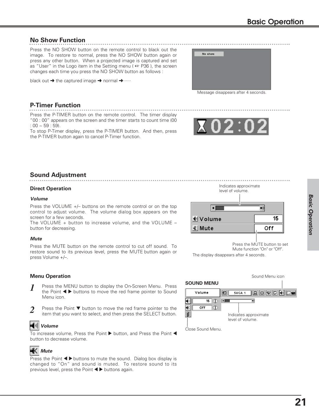 Eiki LC-SD12 owner manual No Show Function, Timer Function, Sound Adjustment, Direct Operation, Menu Operation 