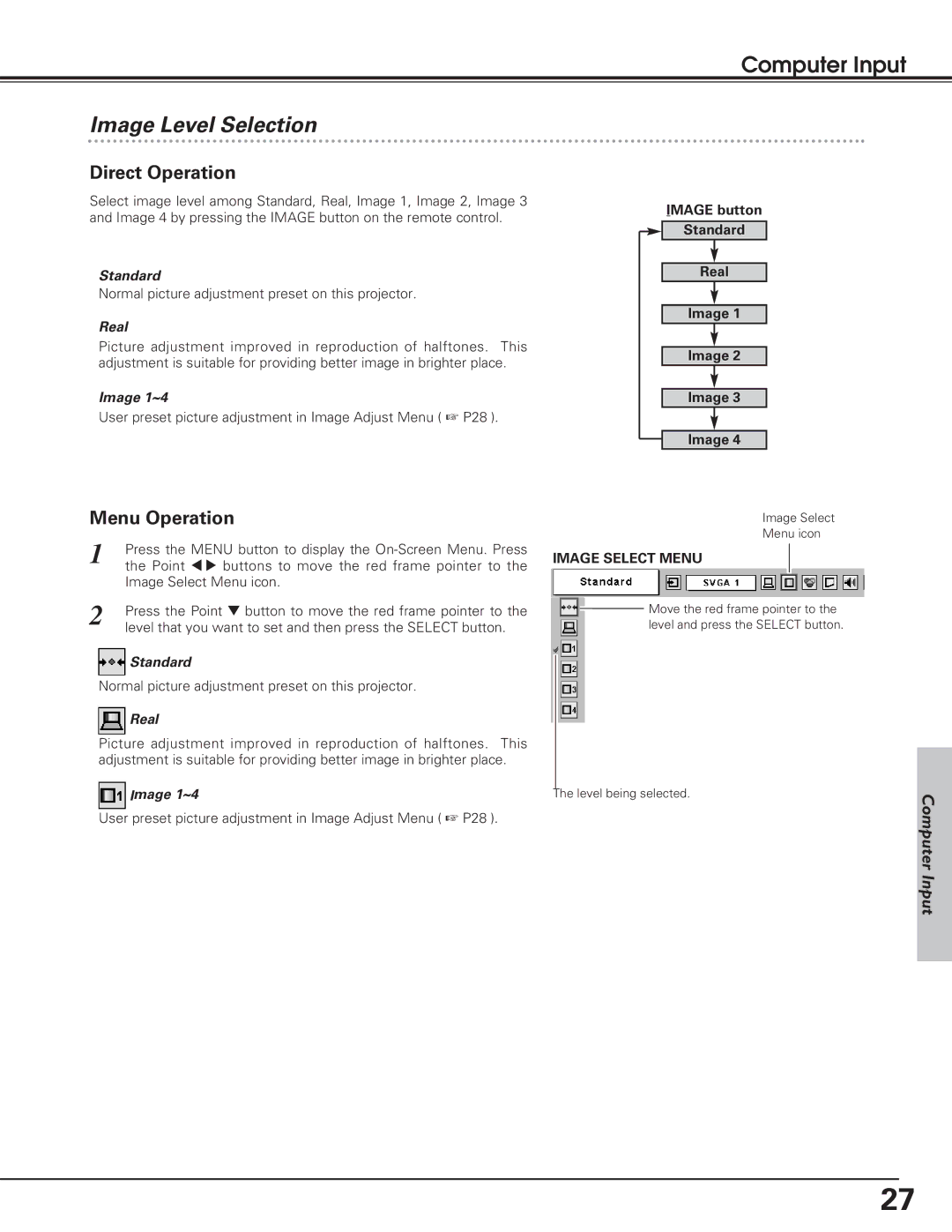 Eiki LC-SD12 owner manual Image Level Selection, Direct Operation, Menu Operation 