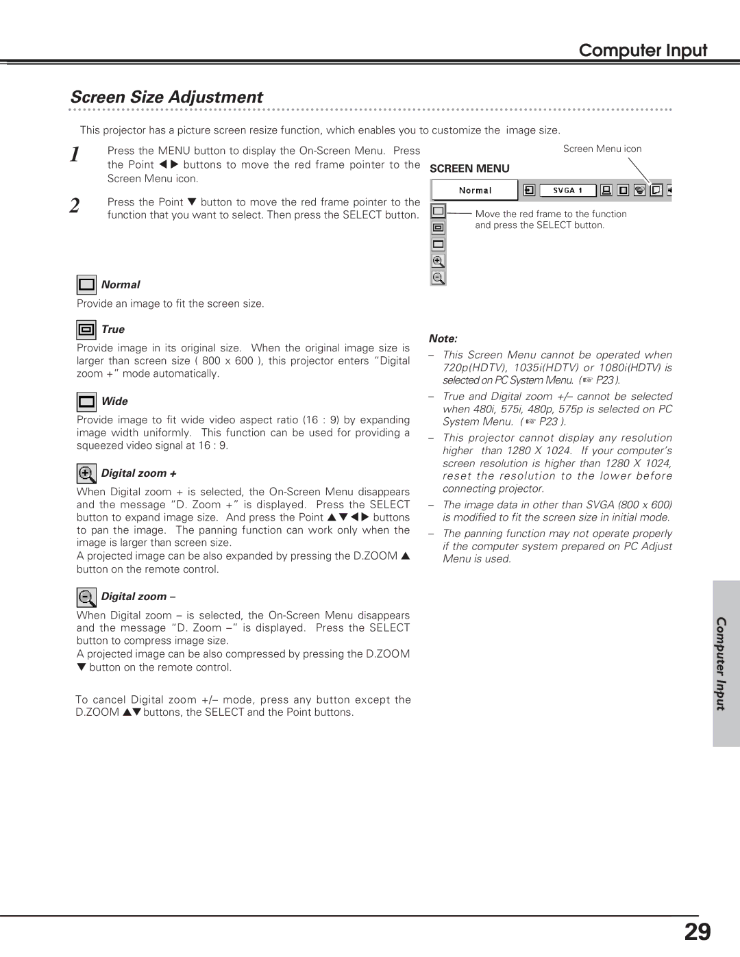 Eiki LC-SD12 owner manual Screen Size Adjustment 