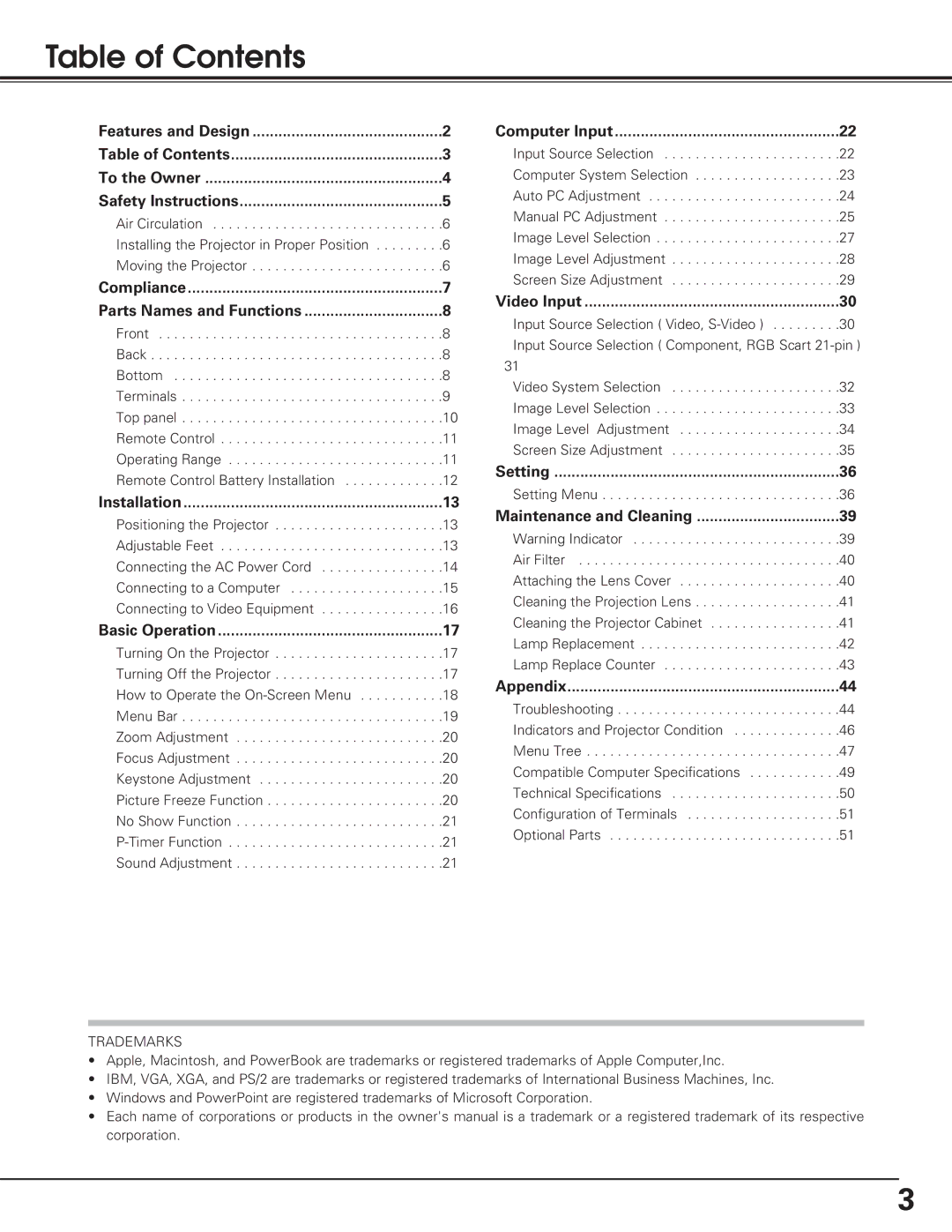 Eiki LC-SD12 owner manual Table of Contents 