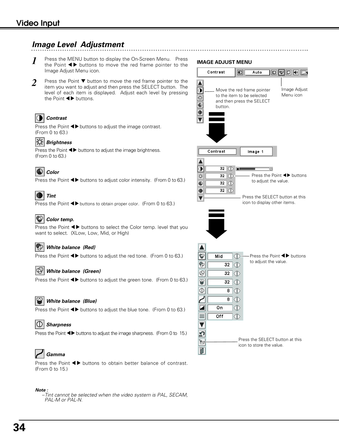 Eiki LC-SD12 owner manual Item you want to adjust and then press the Select button, Color, Tint, Sharpness 