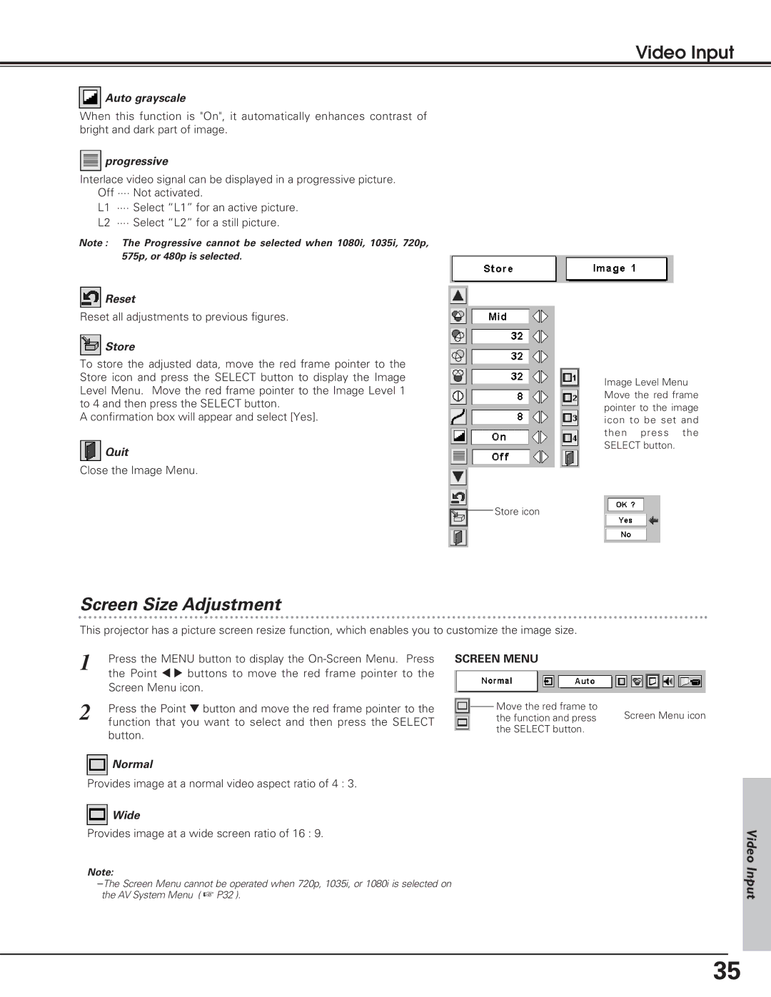 Eiki LC-SD12 owner manual Progressive, Close the Image Menu, Provides image at a normal video aspect ratio of 4 