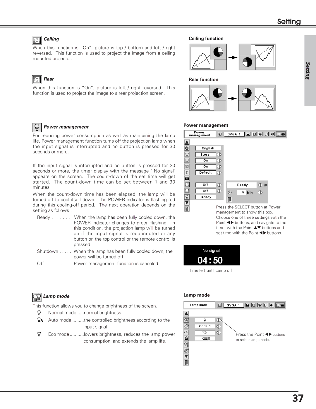 Eiki LC-SD12 owner manual Ceiling function Rear function Power management, Lamp mode 