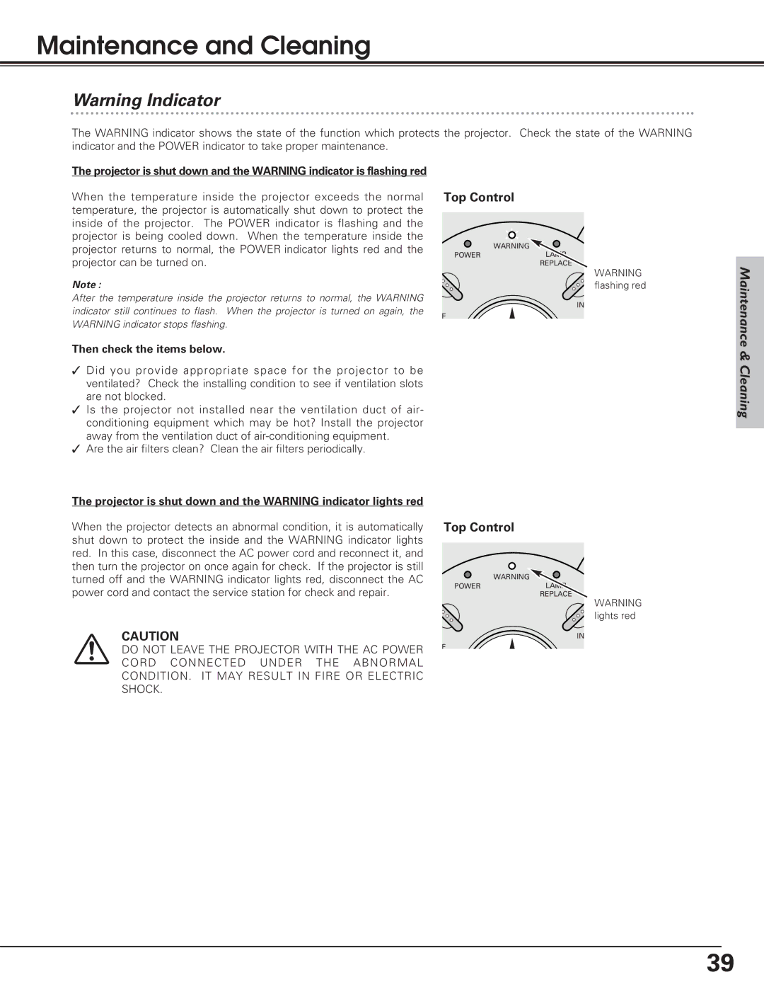 Eiki LC-SD12 owner manual Maintenance and Cleaning, Top Control, Then check the items below 