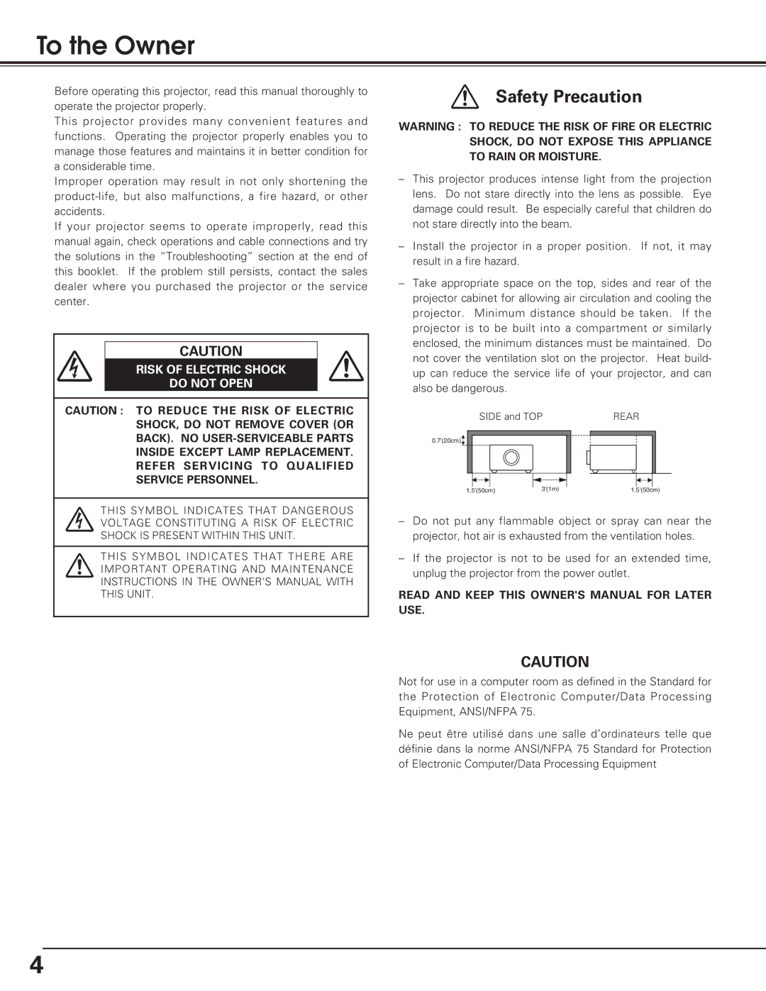 Eiki LC-SD12 owner manual To the Owner, Risk of Electric Shock Do not Open 