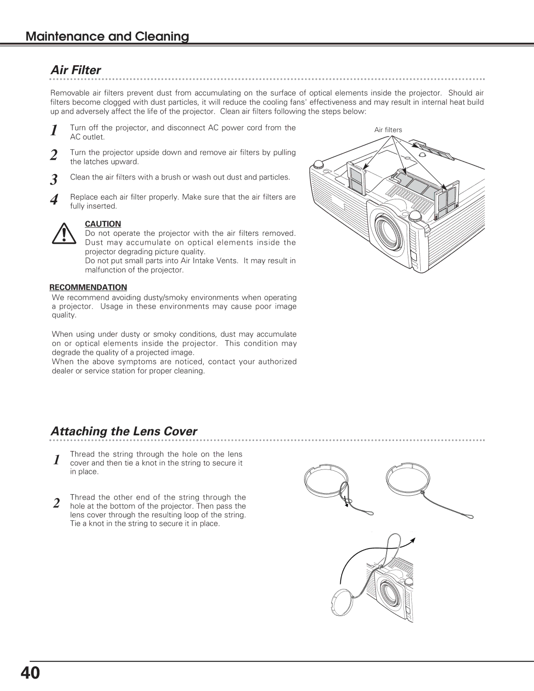 Eiki LC-SD12 owner manual Air Filter, Attaching the Lens Cover, Recommendation 