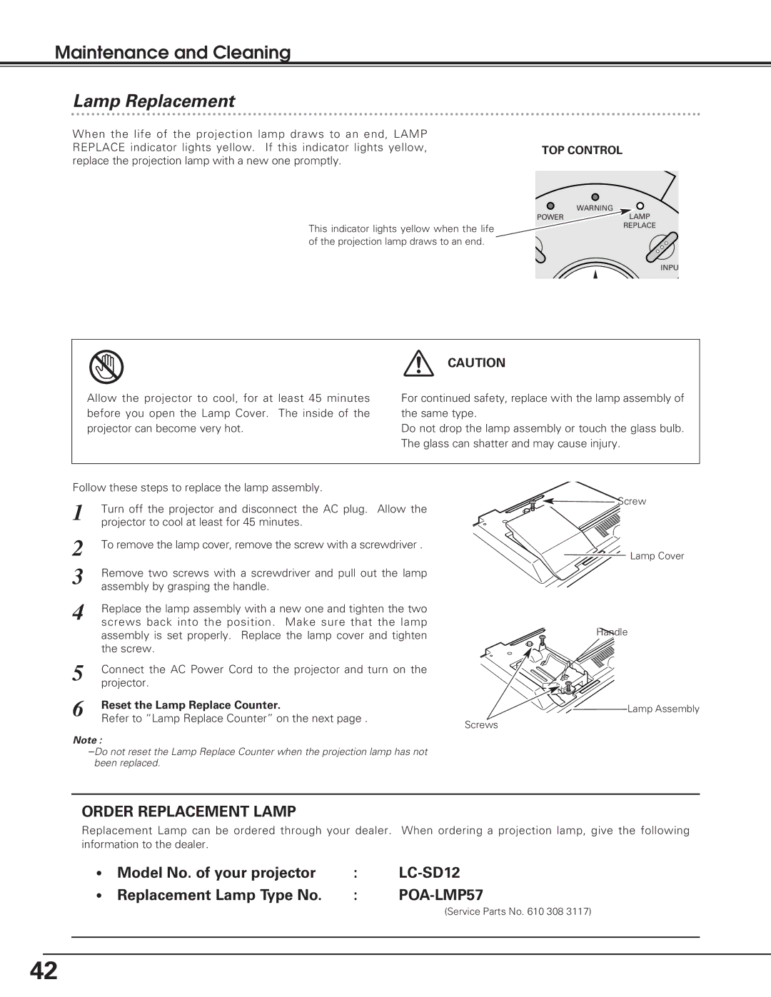 Eiki LC-SD12 owner manual Lamp Replacement, Model No. of your projector, Replacement Lamp Type No, TOP Control 