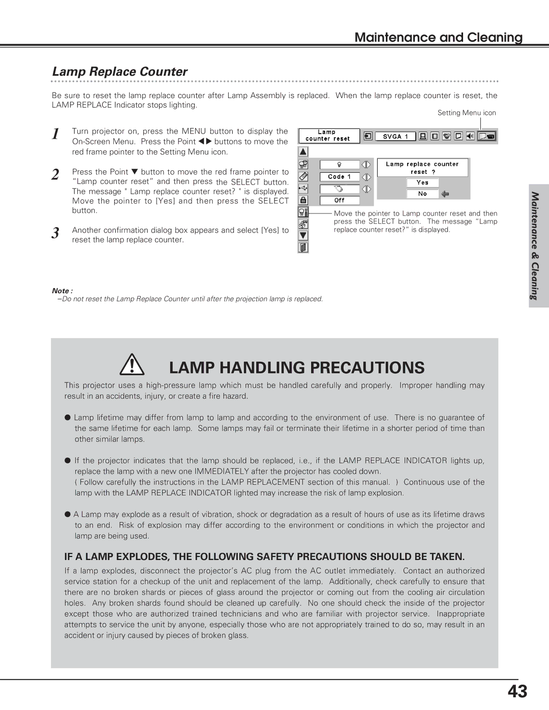 Eiki LC-SD12 Lamp Replace Counter, Move the pointer to Yes and then press the Select, Reset the lamp replace counter 