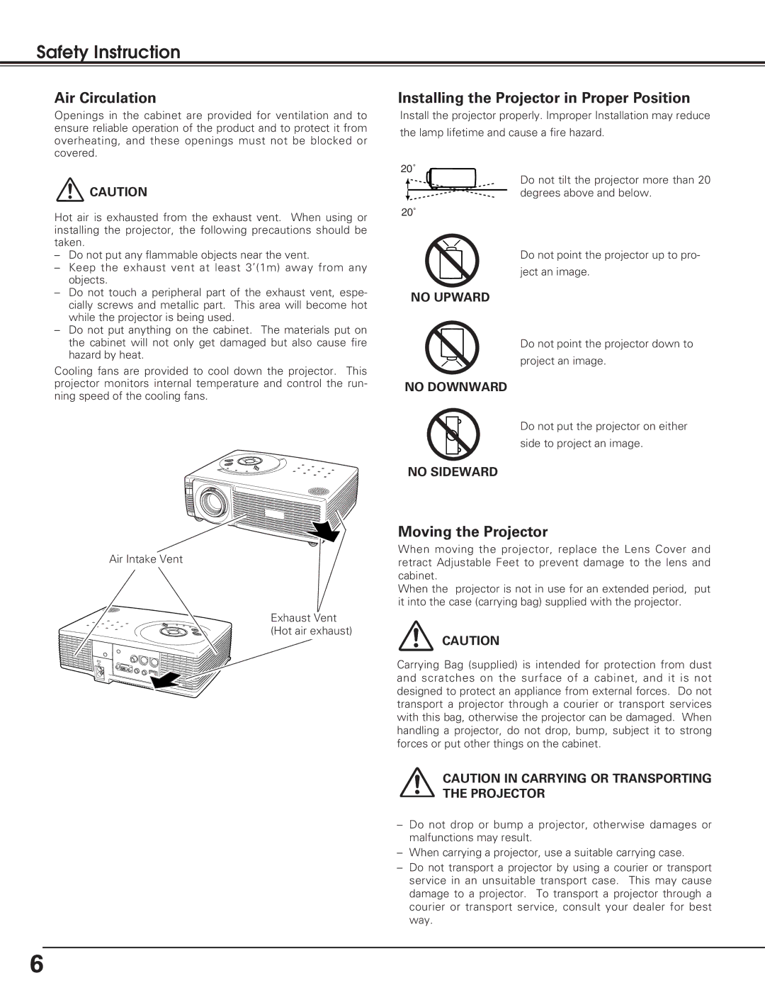 Eiki LC-SD12 owner manual Air Circulation, Installing the Projector in Proper Position, Moving the Projector 