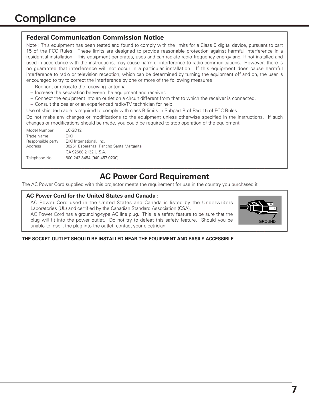 Eiki LC-SD12 owner manual Compliance, Federal Communication Commission Notice 