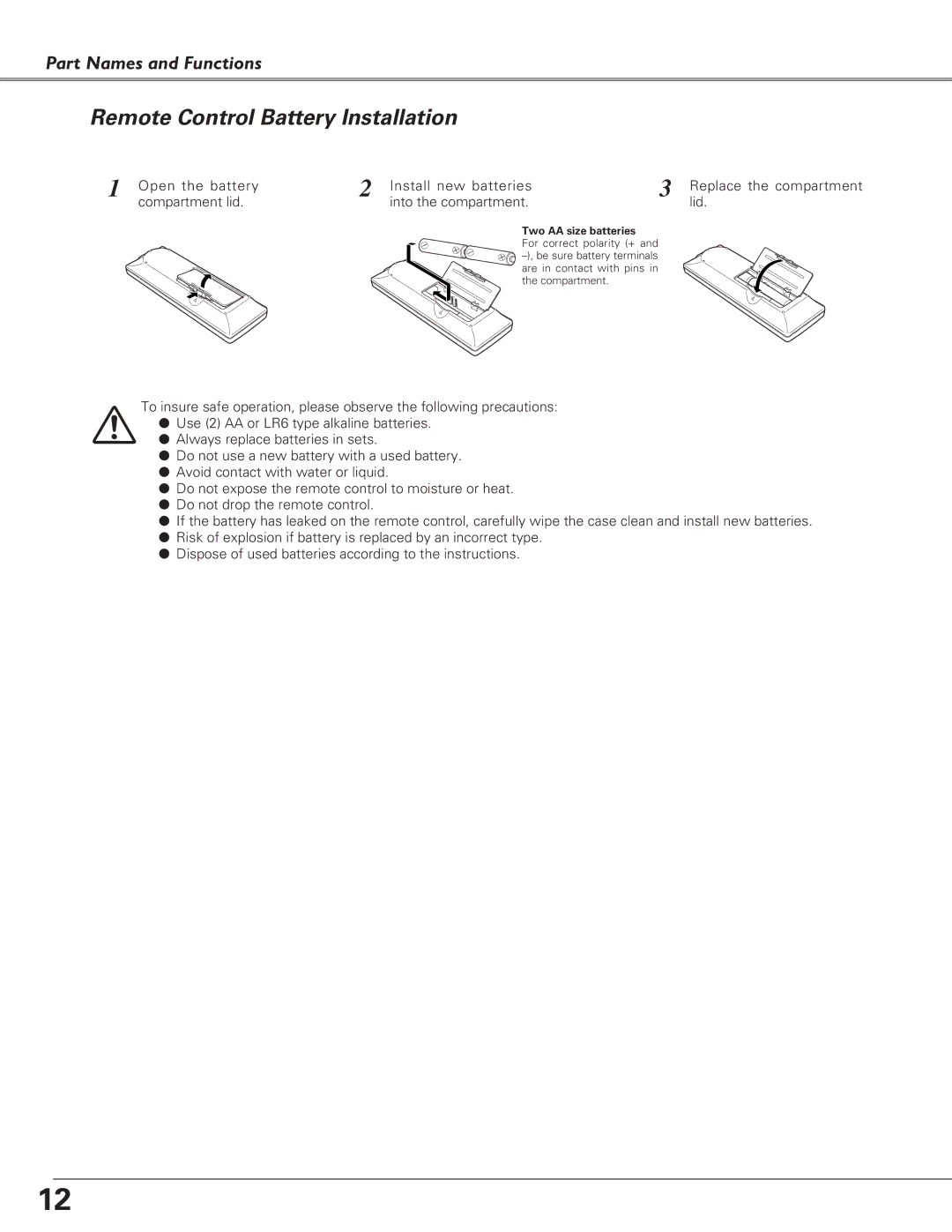 Eiki LC-SD15 owner manual Remote Control Battery Installation, Two AA size batteries 