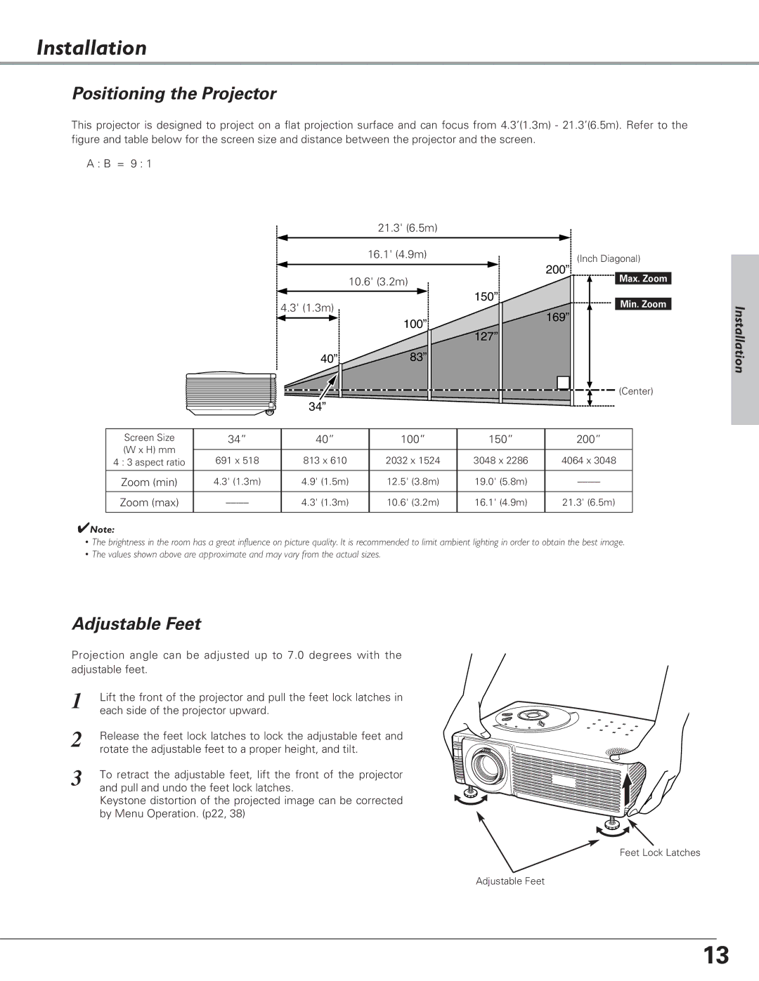 Eiki LC-SD15 owner manual Installation, Positioning the Projector, Adjustable Feet 