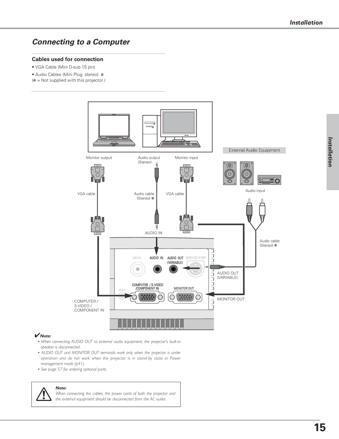 Eiki LC-SD15 owner manual Connecting to a Computer, Installation, Cables used for connection 