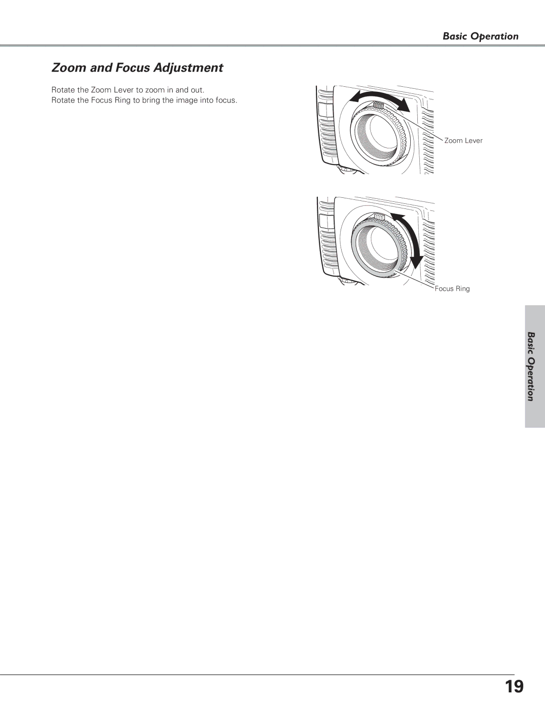 Eiki LC-SD15 owner manual Zoom and Focus Adjustment 