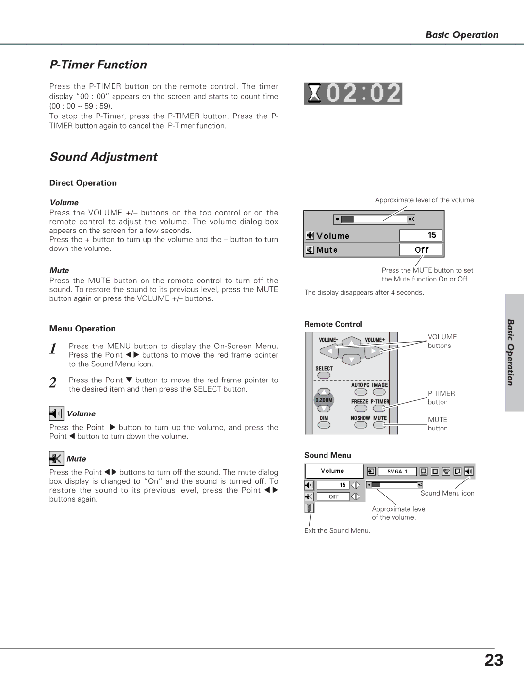 Eiki LC-SD15 owner manual Timer Function, Sound Adjustment, Direct Operation, Menu Operation 