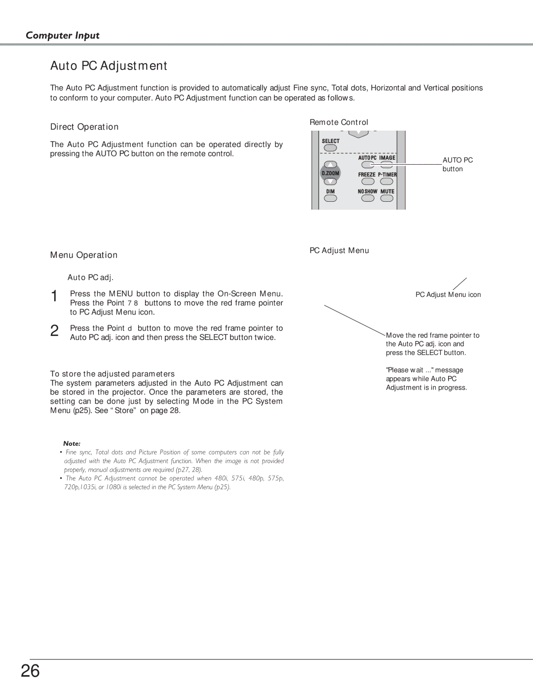 Eiki LC-SD15 owner manual Auto PC Adjustment, PC Adjust Menu, Auto PC adj, To store the adjusted parameters 