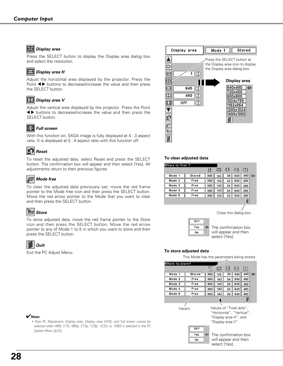 Eiki LC-SD15 owner manual Display area H, Full screen, Reset, Mode free, Store, Quit 