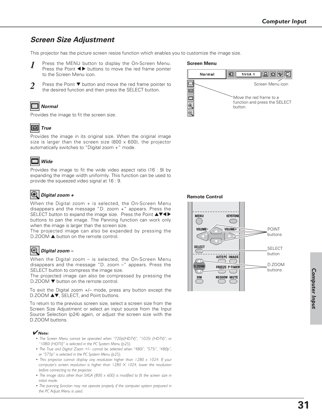 Eiki LC-SD15 owner manual Screen Size Adjustment 