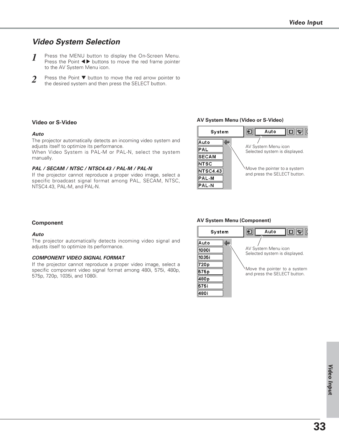 Eiki LC-SD15 owner manual Video System Selection, Video Input, Video or S-Video, Auto 