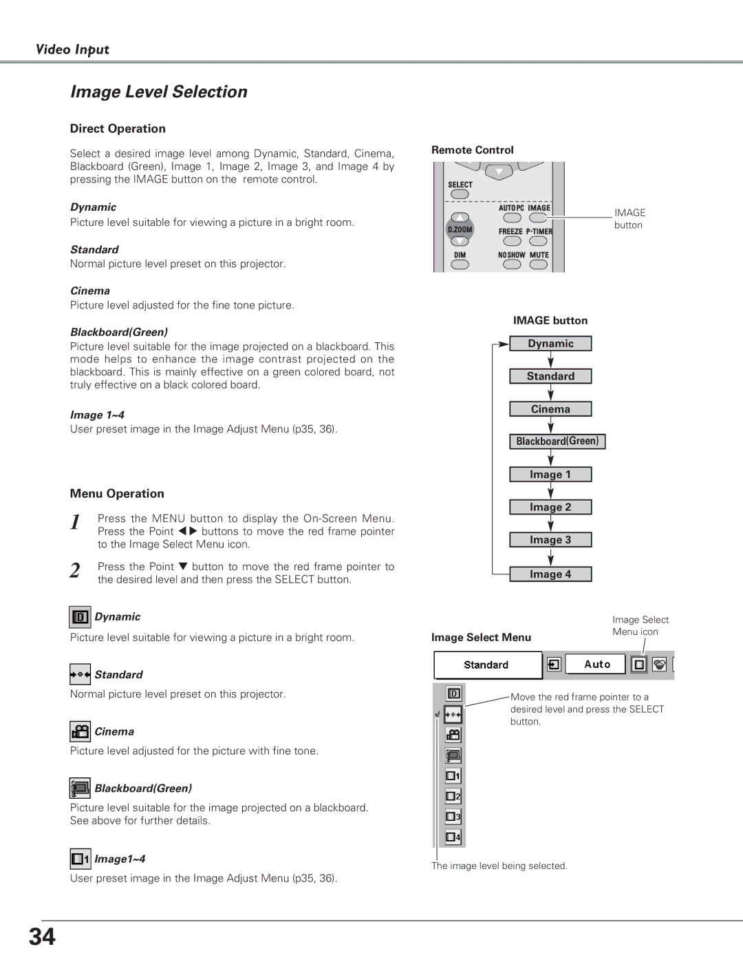 Eiki LC-SD15 owner manual Image button Dynamic Standard Cinema BlackboardGreen, Image1~4 