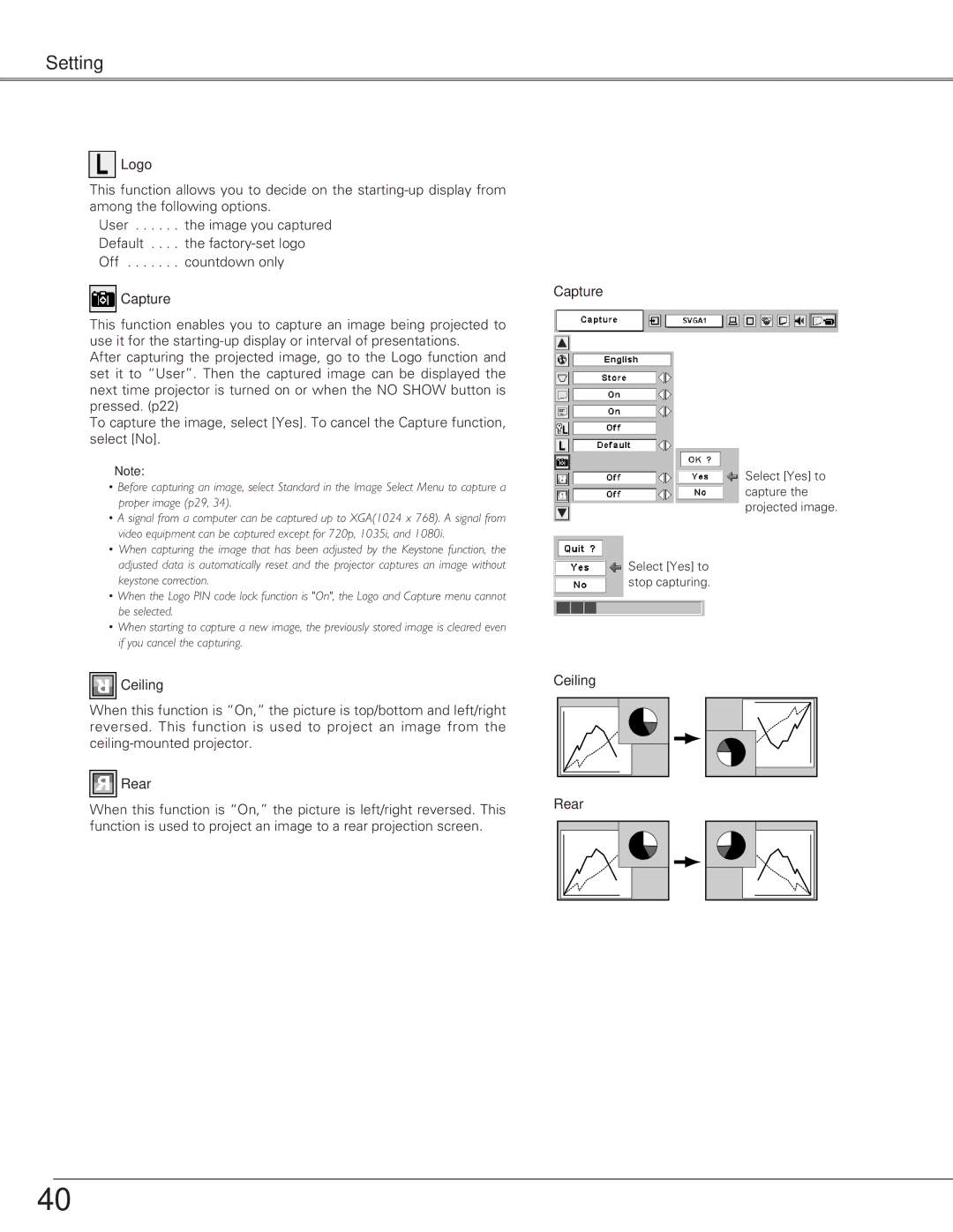 Eiki LC-SD15 owner manual Logo, Capture, Ceiling, Rear 